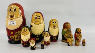 TWO GRADUATED SETS OF HAND PAINTED RUSSIAN DOLLS TO INCLUDE THE SEVEN DWARFS