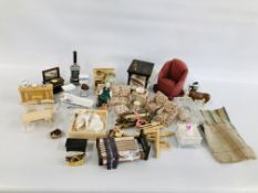 BOX OF ASSORTED VINTAGE MINIATURE DOLLS HOUSE FURNITURE TO INCLUDE A WOODBURNING STOVE,