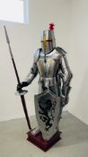 REPRODUCTION FULL SIZE DECORATIVE SUIT OF ARMOUR COMPLETE WITH SHIELD AND JOUST, H 179CM.