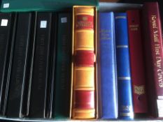 BOX OF DECENT EMPTY ALBUMS, SG WINDSOR SOVEREIGN BINDER WITH SLIPCASE, ROYAL MAIL FDC, SG UNIVERSAL,