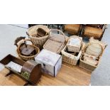 COLLECTION OF ASSORTED WICKER BASKETS TO INCLUDE A PICNIC BASKET, CUSHIONS, ETC.