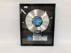 FRAMED AND MOUNTED JOURNEY PLATINUM SALES AWARD FOR RAISED ON RADIO ALBUM (1 MILLION COPIES).