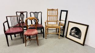 THREE VINTAGE MAHOGANY FRAMED CHAIRS WITH SEAGRASS SEAT, MEXICAN PINE SINGLE DRAWER SIDE TABLE,
