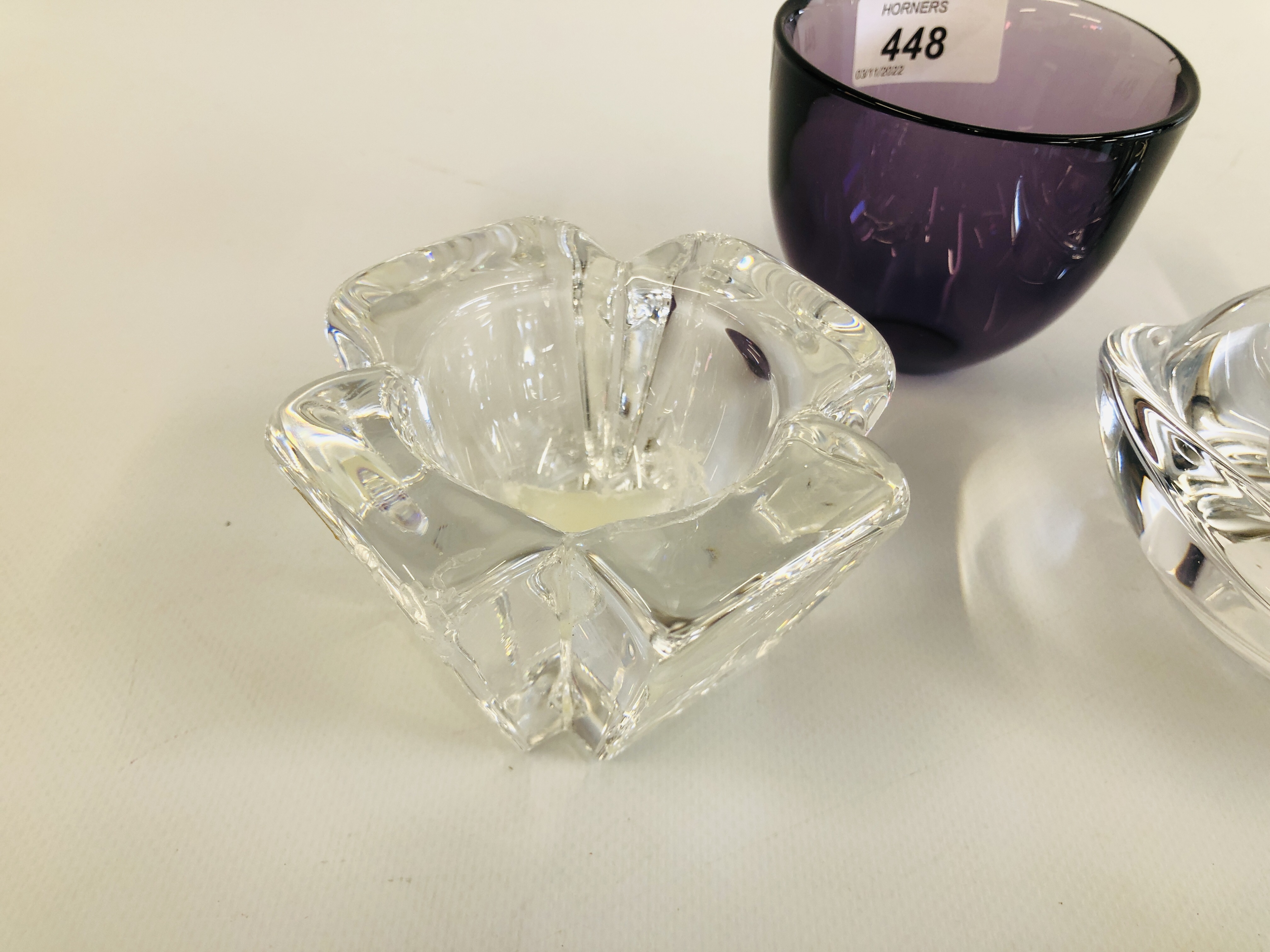 TWO ORREFORS SWEDISH GLASS HEAVY TEA LIGHT HOLDERS AND ONE ORREFORS "CUP " TEA LIGHT HOLDER BY LENA - Image 3 of 6