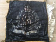 CIRCA WWI CUSHION COVERS, TWO EMBROIDERED AND ONE PAINTED ON SILK (IN POOR CONDITION).