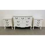 A SIX DRAWER FRENCH STYLE WHITE FINISHED CHEST ALONG WITH MATCHING PAIR OF BEDSIDE CABINETS ALL
