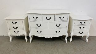 A SIX DRAWER FRENCH STYLE WHITE FINISHED CHEST ALONG WITH MATCHING PAIR OF BEDSIDE CABINETS ALL