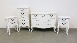 A SUITE OF FRENCH STYLE WHITE FINISHED BEDROOM FURNITURE TO INCLUDE PAIR OF BEDSIDE CHESTS,