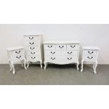 A SUITE OF FRENCH STYLE WHITE FINISHED BEDROOM FURNITURE TO INCLUDE PAIR OF BEDSIDE CHESTS,