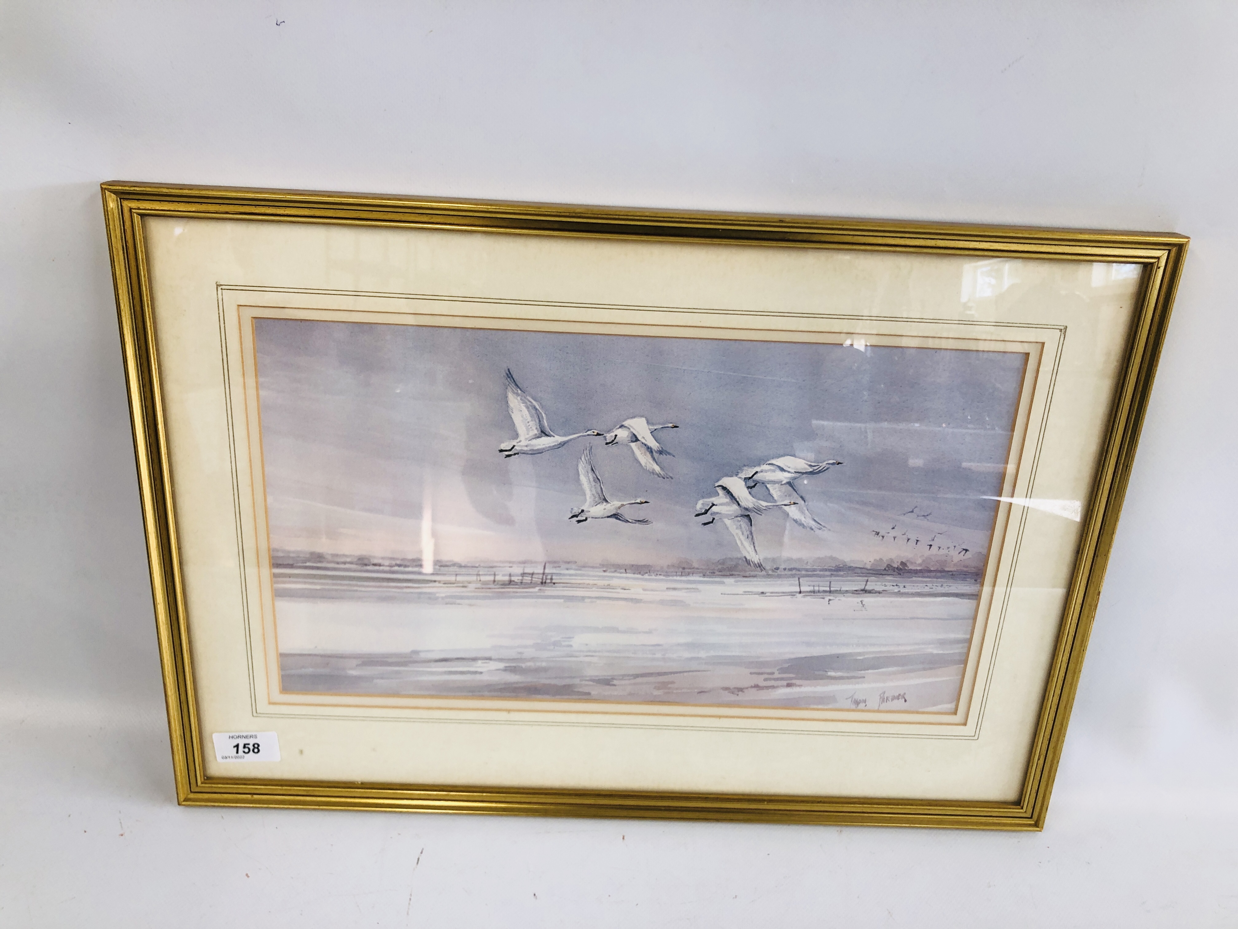 FRAMED ORIGINAL WATERCOLOUR "SWANS IN FLIGHT" BEARING SIGNATURE JASON PARTNER WIDTH 40CM.