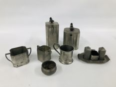 SEVEN PIECES OF ENGLISH PEWTER TO INCLUDE TEA POT, COFFEE POT, MILK JUG, MUG, SALT AND PEPPER ETC.