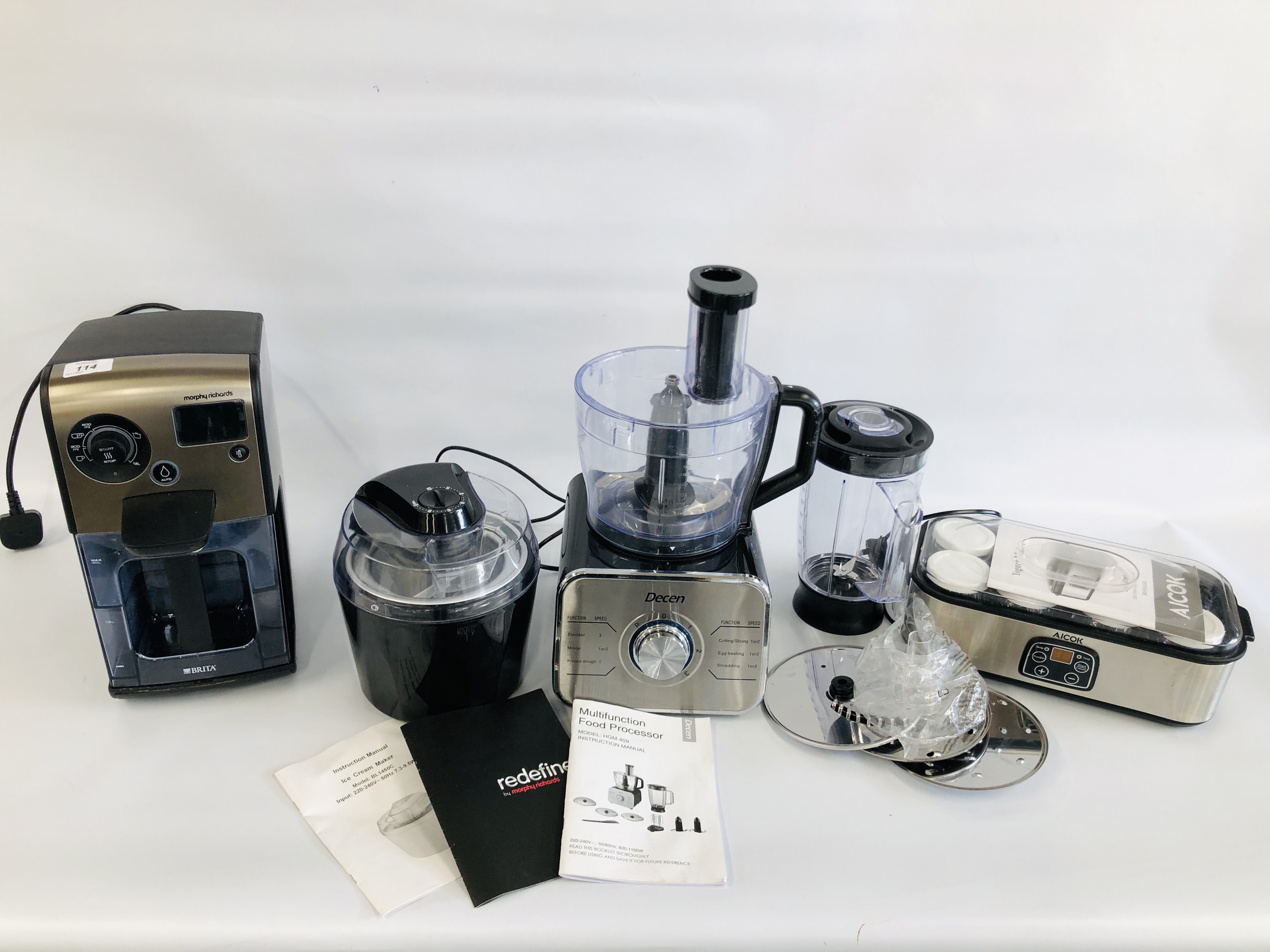 A MORPHY RICHARDS HOT WATER URN ALONG WITH DECEN MULTIFUNCTION FOOD PROCESSOR,