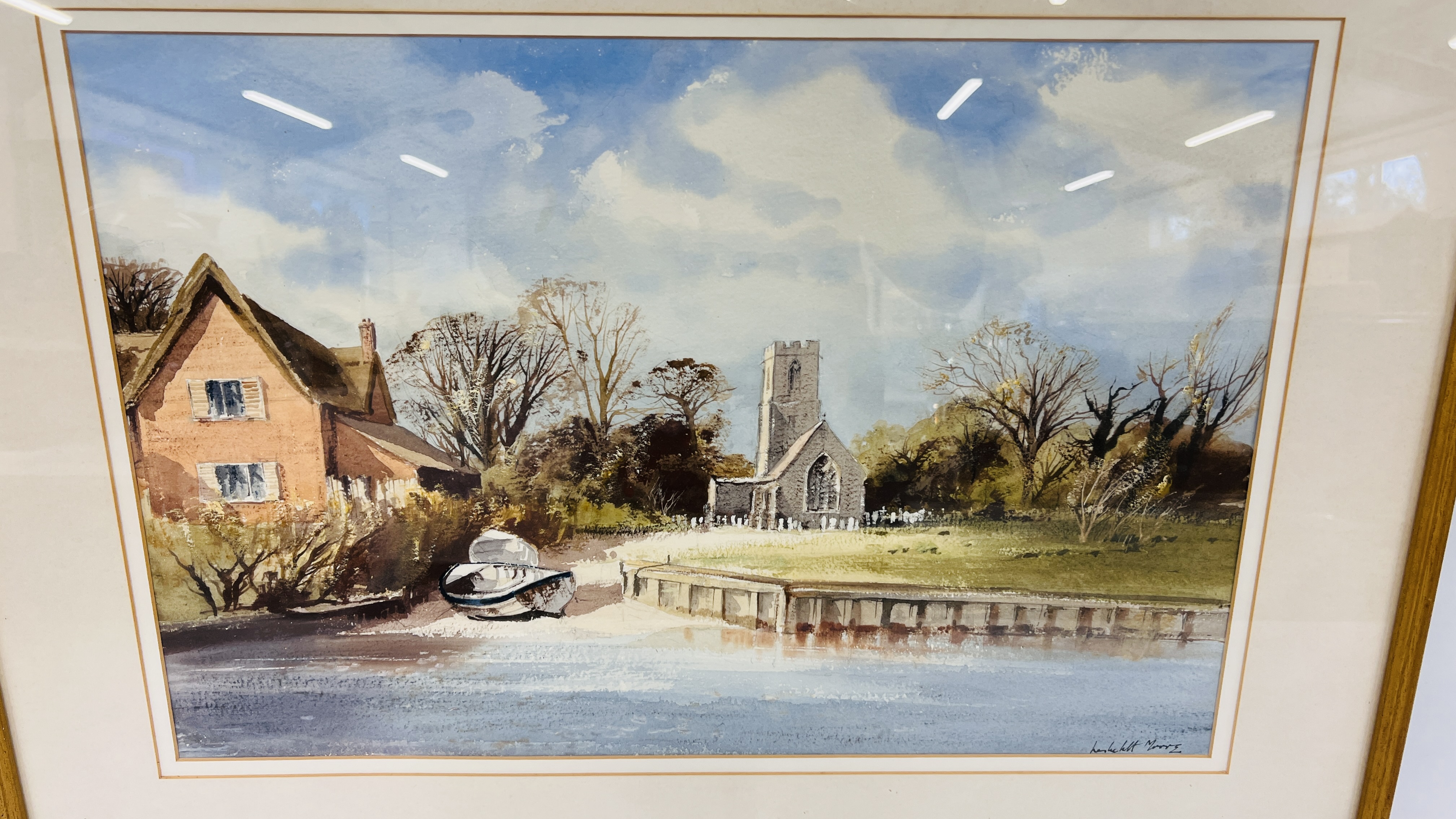 LESLEY MOORE WATERCOLOUR OF A BROADLAND CHURCH 37 X 55CM. - Image 2 of 5