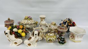 PAIR OF REPRODUCTION CLASSICAL TWO HANDLED LIDDED URNS, PAIR OF STAFFORDSHIRE STYLE SPANIELS,