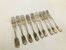 A SET OF NINE SILVER FIDDLE PATTERN LARGE TABLE FORKS,