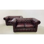 A PAIR OF MODERN OXBLOOD LEATHER TWO SEATER CHESTERFIELD STYLE SOFA'S (BOTH IN VERY GOOD CONDITION)