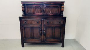 OLD CHARM STYLE COURT CUPBOARD W 130CM, D 50CM, H 130CM.