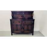 OLD CHARM STYLE COURT CUPBOARD W 130CM, D 50CM, H 130CM.