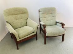 TWO MODERN GREEN UPHOLSTERED EASY CHAIRS