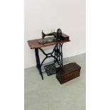 VINTAGE JONES SEWING MACHINE ON ORIGINAL CAST BASE W 79CM, D 40CM, H 100CM.