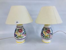 PAIR OF POOLE POTTERY LAMP BASES (ONE A/F CHIP TO RIM BASE) AND SHADES