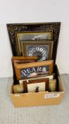 BOX OF ASSORTED FRAMED PICTURES AND PRINTS TO INCLUDE A LARGE EMBOSSED RELIGIOUS PLAQUE,