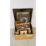 BOX OF ASSORTED FRAMED PICTURES AND PRINTS TO INCLUDE A LARGE EMBOSSED RELIGIOUS PLAQUE,