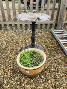 A DECORATIVE METALCRAFT GARDEN BIRD BATH HEIGHT 70CM AND LARGE SALTGLAZED STONEWARE GARDEN PLANTER.