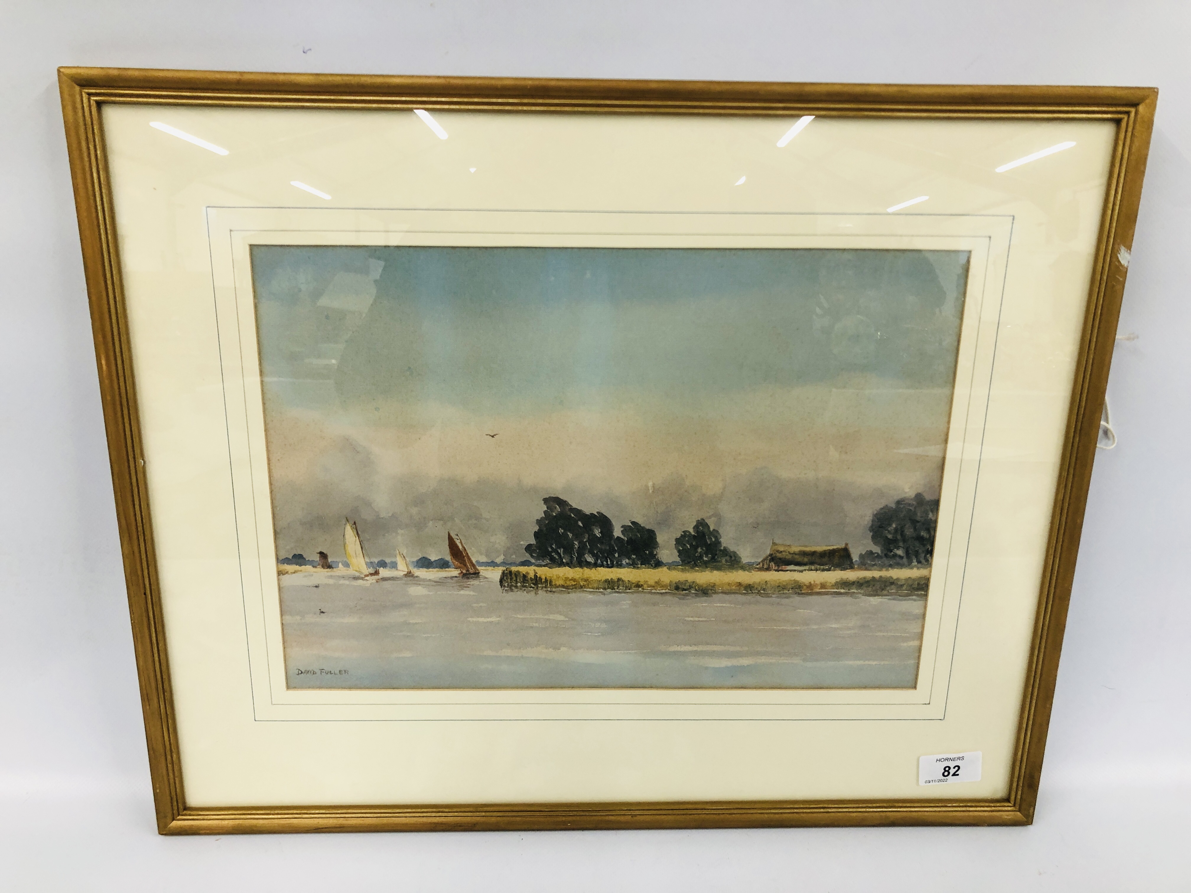 A FRAMED ORIGINAL WATERCOLOUR "BREEZY DAY ON HORSEY WIERE" BEARING SIGNATURE DAVID FULLER WIDTH