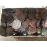 TIN OF MIXED COINS TO INCLUDE GB DOUBLE FLORIN 1887, 1890, SIXPENCE 1757, MODERN CROWNS ETC.