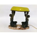DECO TABLE LAMP, THE TWO KNEELING FIGURES SUPPORTING A GREEN GLASS SHADE ON MARBLE BASE ,