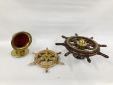 VINTAGE HARDWOOD SHIPS WHEEL WITH BRASS DETAIL ON A CHROME STAND D 62CM + ONE OTHER D 41CM BRASS