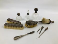 COLLECTION OF DRESSING TABLE ITEMS TO INCLUDE SILVER BACKED BRUSHES, MIRROR, SILVER TOPPED BOTTLES,