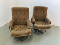 A PAIR OF RETRO CHROME FRAMED RELAXER CHAIRS WITH BEIGE CORDED UPHOLSTERY (COLLECTORS ITEM ONLY)