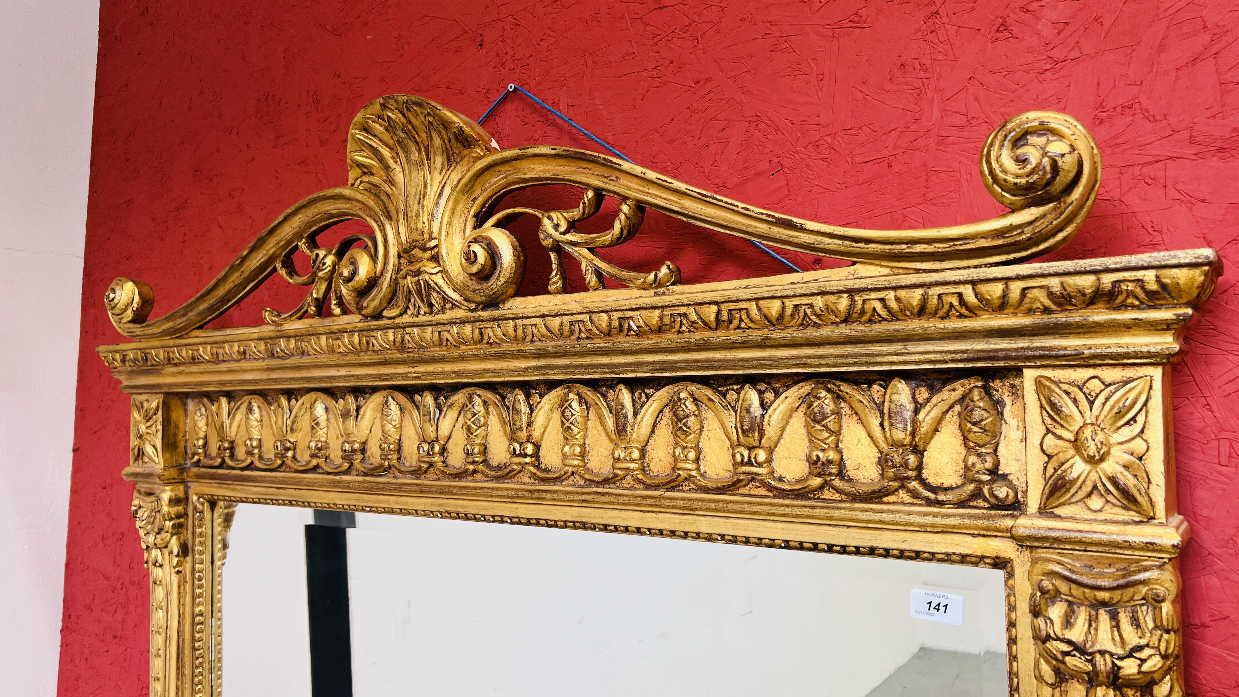 AN IMPRESSIVE GILT FINISH OVER MANTEL MIRROR WITH HEAVILY ORNATE DETAIL AND BEVELLED GLASS W 128CM, - Image 2 of 8