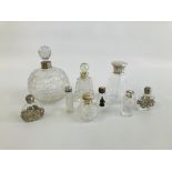 COLLECTION OF MAINLY CUT GLASS PERFUME BOTTLES TO INCLUDE FOUR SILVER TOPPED EXAMPLES, ETC.