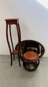 EDWARDIAN INLAID OVAL WALL MIRROR, TWO TIER TORCHE AND AN ETHNIC HARDWOOD OCCASIONAL TABLE.