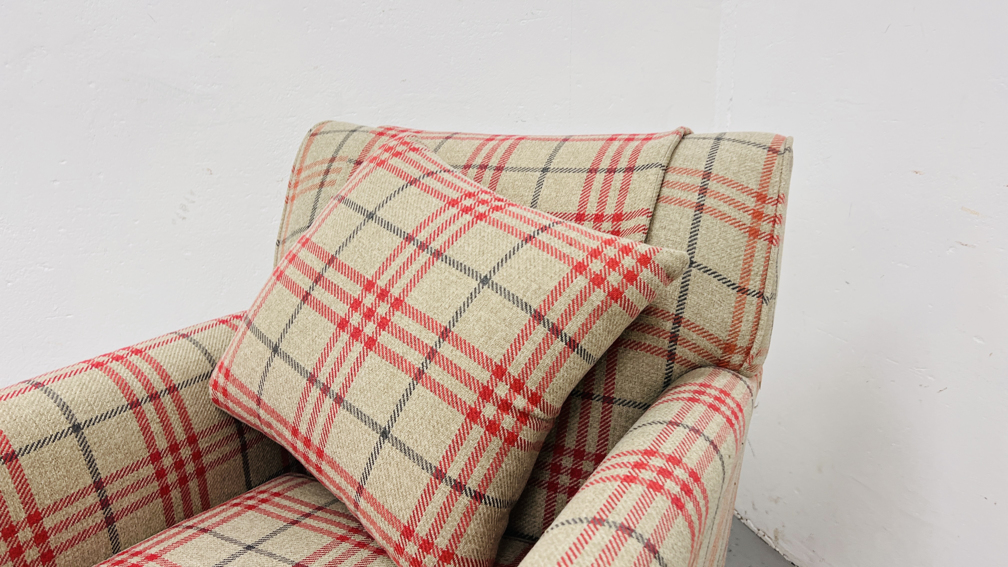 MODERN CHECK PATTERNED EASY CHAIR WITH REVOLVING ACTION AND MATCHING FOOTSTOOL. - Image 3 of 10