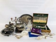 BOX OF ASSORTED PLATED WARE TO INCLUDE CLARET JUG, CUTLERY, TEA STRAINER, ORNATE FISH SERVER, ETC.