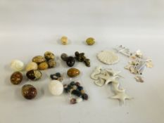SELECTION OF POLISHED EGGS, SEMI PRECIOUS GEM STONES AND SHELL WIND CHIMES.