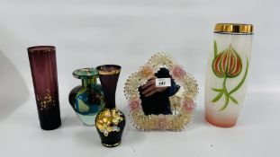 MADINA ART GLASS VASE HEIGHT 14.5CM. ALONG WITH A 1960'S MURANO GLASS FLOWER MIRROR HEIGHT 20CM.