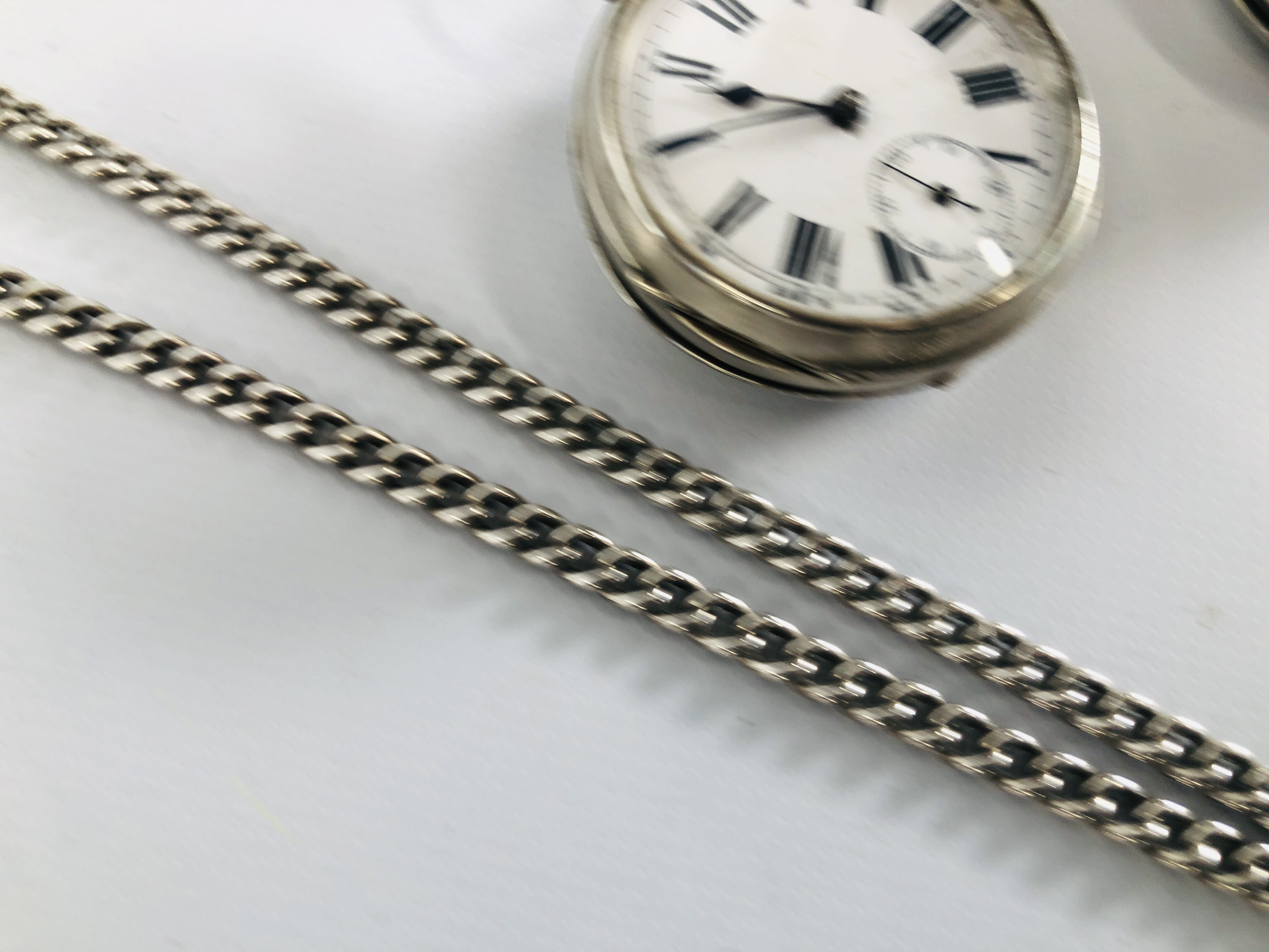 A GENTLEMAN'S SILVER CASED POCKET WATCH, A SILVER WATCH CHAIN, - Image 5 of 10