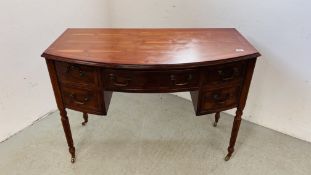 REPRODUCTION YEW WOOD FINISH FIVE DRAWER KNEEHOLE WRITING DESK WIDTH 114CM. DEPTH 57CM. HEIGHT 79CM.
