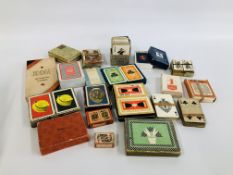 BOX OF ASSORTED VINTAGE ADVERTISING PLAYING CARDS, ETC.