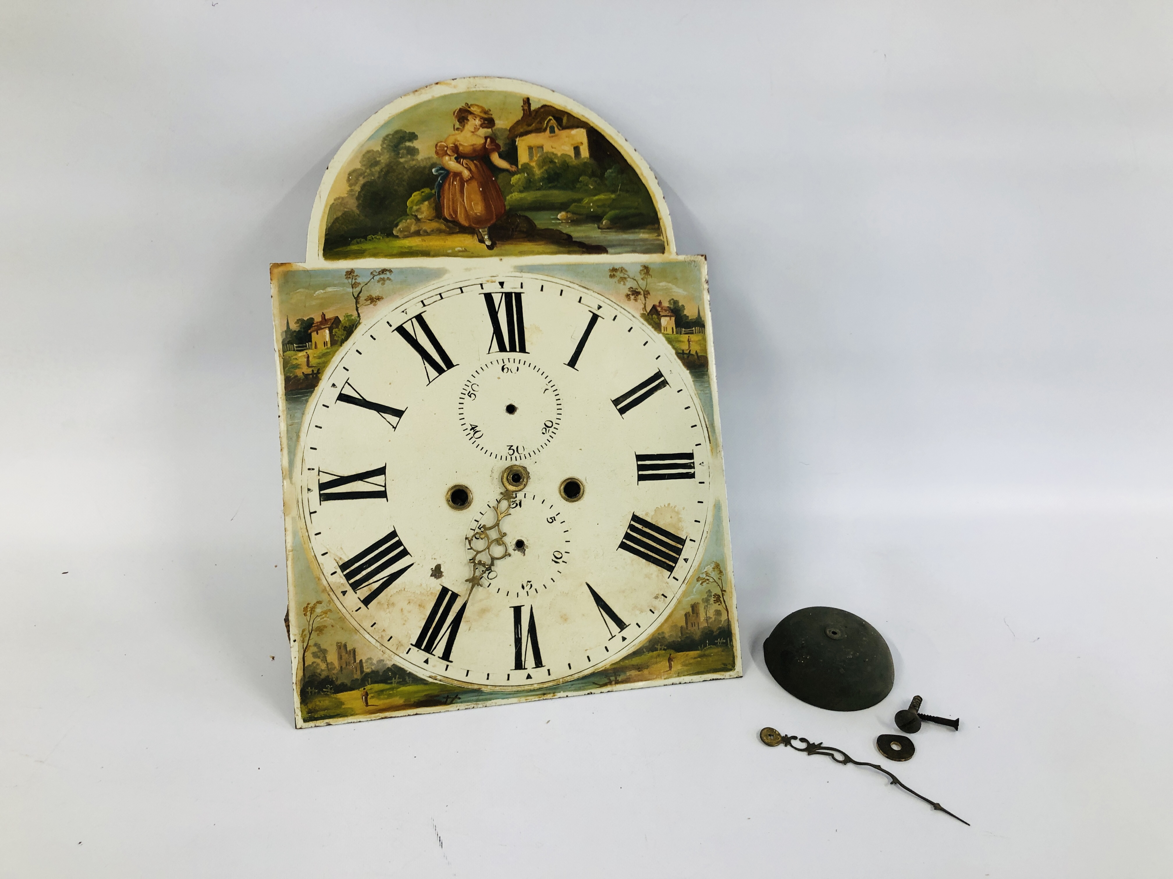 ANTIQUE GRANDFATHER CLOCK MOVEMENT WITH PAINTED FACE