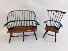 TWO MINIATURE APPRENTICE PIECES TO INCLUDE A STICK BACK WINDSOR ARM CHAIR AND SOFA