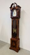 A REPRODUCTION DUTCH STYLE LONG CASE CLOCK WITH MARQUETRY INLAID STYLE DETAILING FACE MARKED TEMPUS