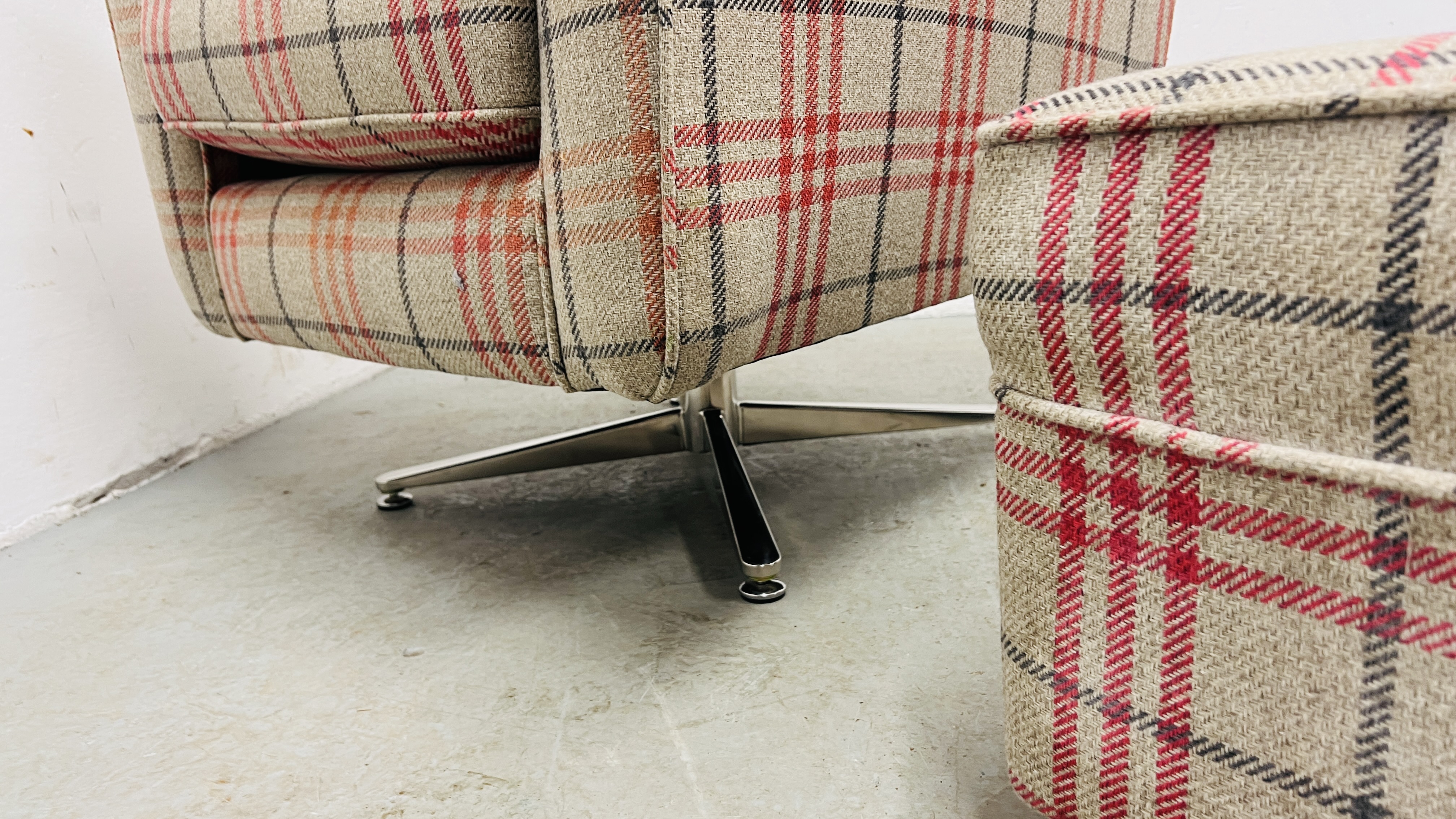 MODERN CHECK PATTERNED EASY CHAIR WITH REVOLVING ACTION AND MATCHING FOOTSTOOL. - Image 10 of 10