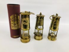 3 X REPRODUCTION BRASS MINERS OIL LAMPS, ONE IN ORIGINAL DISPLAY / GIFT BOX.