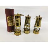 3 X REPRODUCTION BRASS MINERS OIL LAMPS, ONE IN ORIGINAL DISPLAY / GIFT BOX.